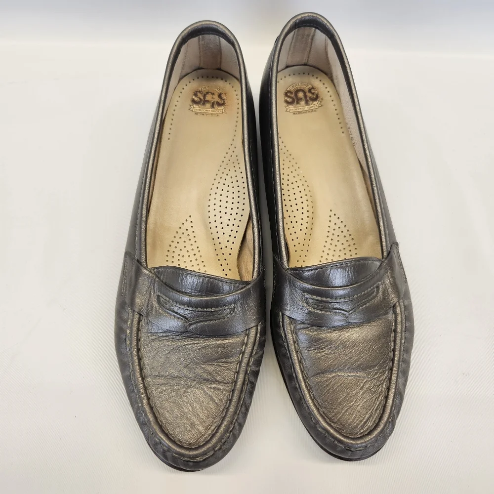 SAS Moccasin Penny Loafer Shoes Pewter Silver Gun Metal Comfort Womens 9.5